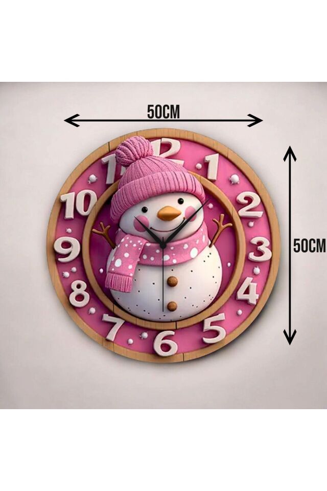 Pembe Kardan Adam Renkli Baskı Desenli Sayılı Hediyelik Ahşap Sessiz Duvar Saati 50cm