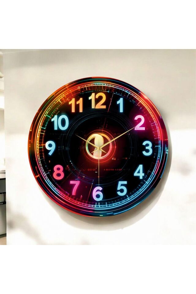 Dijital Görünümlü Neon Renkli Baskı Desenli Sayılı Hediyelik Ahşap Sessiz Duvar Saati 50cm