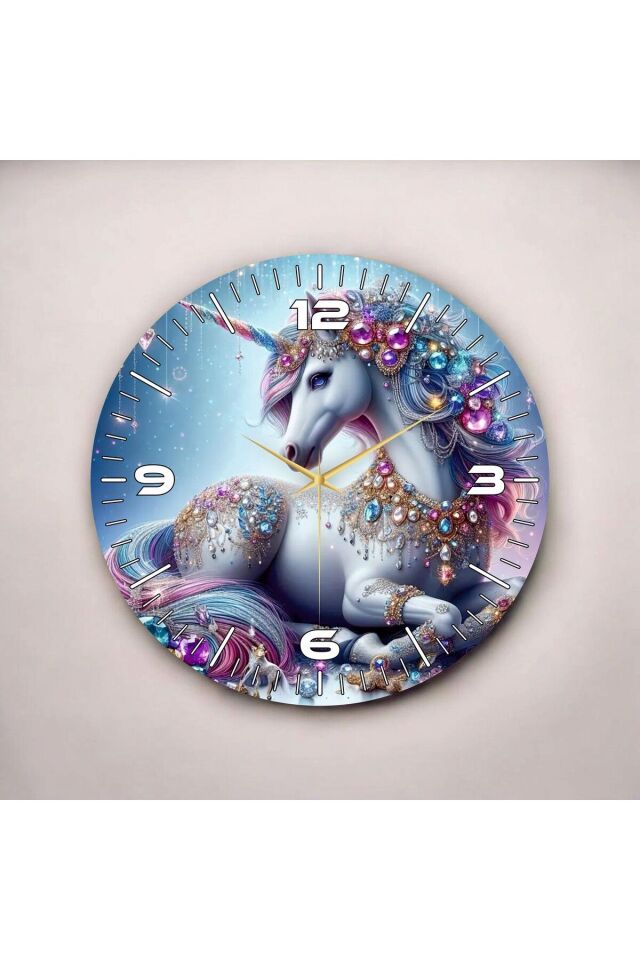 Tek Boynuzlu At Renkli Baskı Unicorn Hayvan Desenli Sayılı Hediyelik Ahşap Sessiz Duvar Saati 50cm