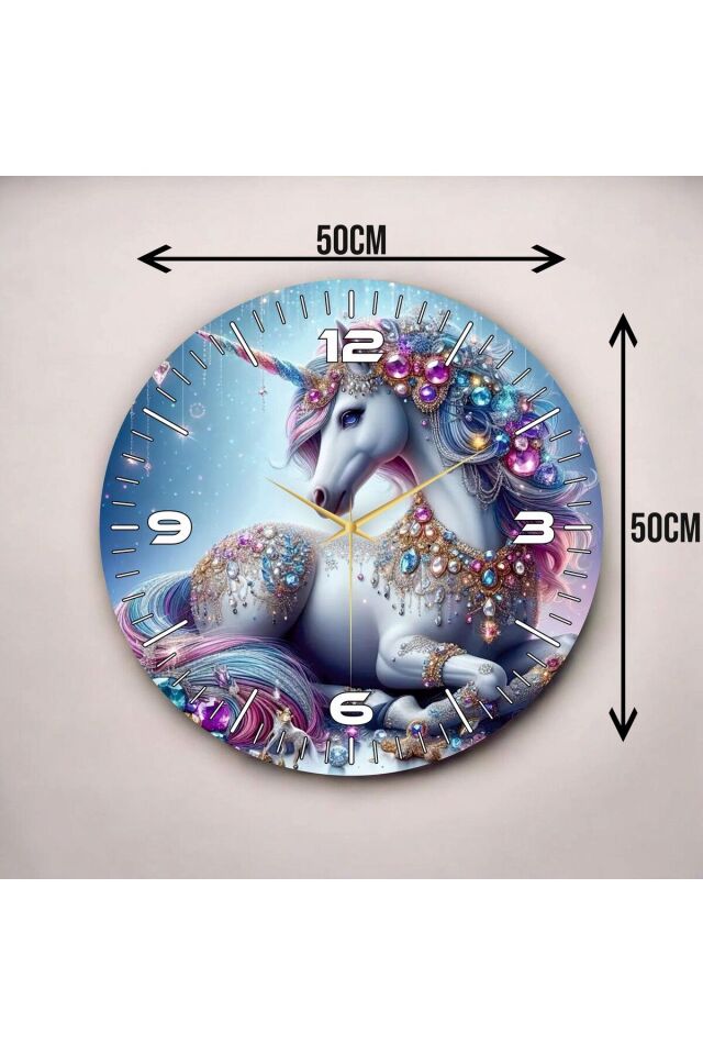 Tek Boynuzlu At Renkli Baskı Unicorn Hayvan Desenli Sayılı Hediyelik Ahşap Sessiz Duvar Saati 50cm