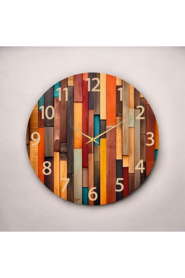 Modern Renkli Baskı Ahşap Desenli Sayılı Hediyelik Ahşap Sessiz Duvar Saati 50cm