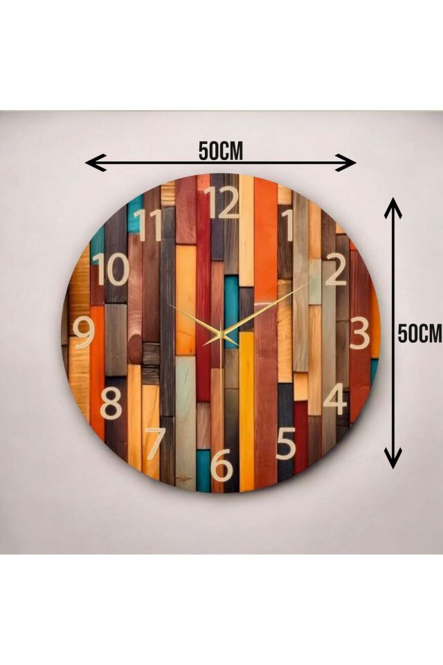 Modern Renkli Baskı Ahşap Desenli Sayılı Hediyelik Ahşap Sessiz Duvar Saati 50cm