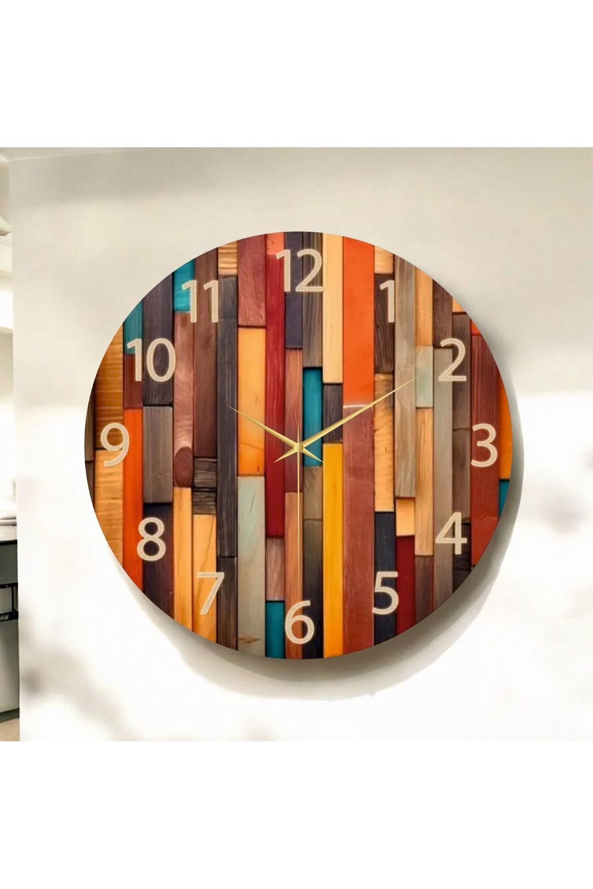 Modern Renkli Baskı Ahşap Desenli Sayılı Hediyelik Ahşap Sessiz Duvar Saati 50cm