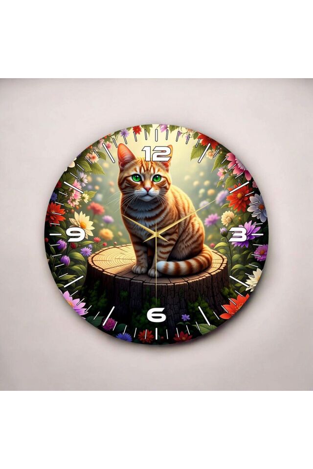 Sarı Kedi Renkli Baskı Hayvan Desenli Sayılı Hediyelik Ahşap Sessiz Duvar Saati 50cm