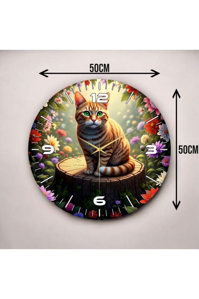 Sarı Kedi Renkli Baskı Hayvan Desenli Sayılı Hediyelik Ahşap Sessiz Duvar Saati 50cm