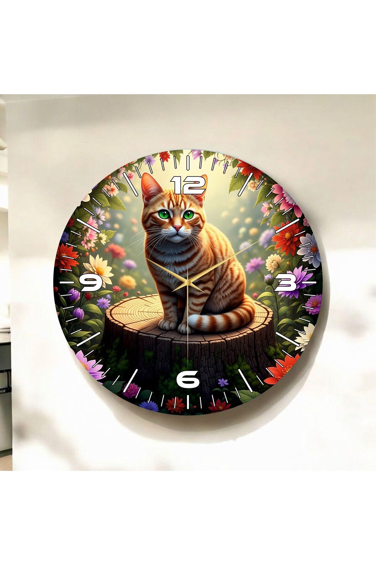 Sarı Kedi Renkli Baskı Hayvan Desenli Sayılı Hediyelik Ahşap Sessiz Duvar Saati 50cm
