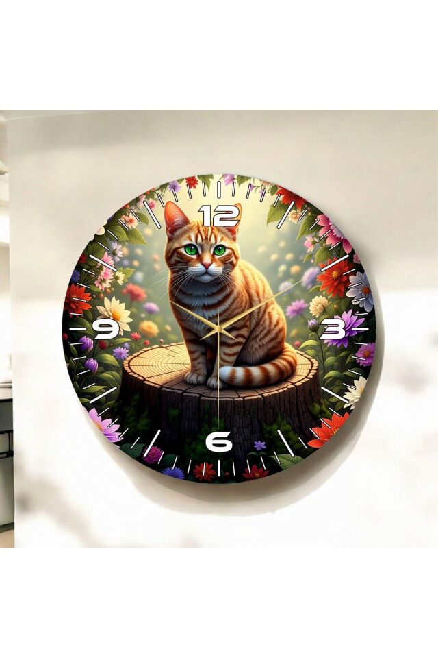 Sarı Kedi Renkli Baskı Hayvan Desenli Sayılı Hediyelik Ahşap Sessiz Duvar Saati 50cm