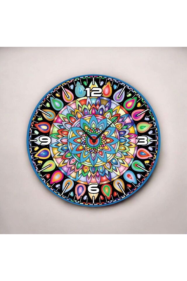 Mandala Motifli Renkli Baskı Desenli Sayılı Hediyelik Ahşap Sessiz Duvar Saati 50cm