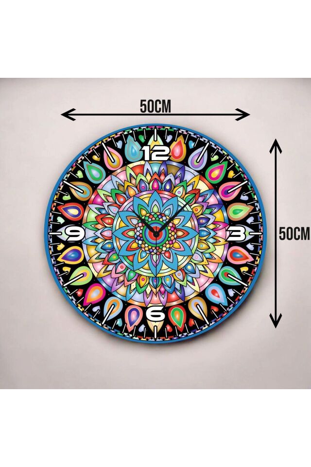 Mandala Motifli Renkli Baskı Desenli Sayılı Hediyelik Ahşap Sessiz Duvar Saati 50cm