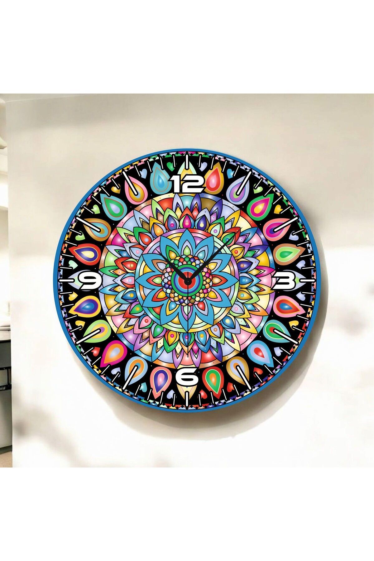 Mandala Motifli Renkli Baskı Desenli Sayılı Hediyelik Ahşap Sessiz Duvar Saati 50cm