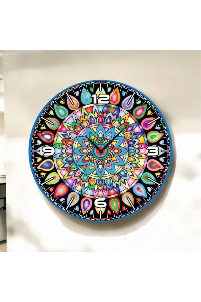 Mandala Motifli Renkli Baskı Desenli Sayılı Hediyelik Ahşap Sessiz Duvar Saati 50cm