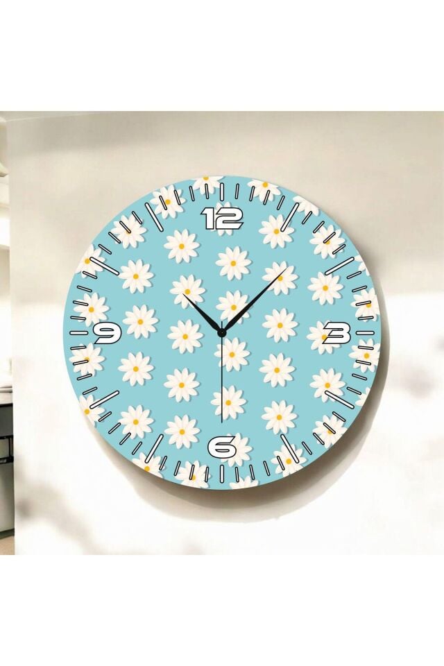 Mavi Renkli Baskı Papatya Çiçek Desenli Sayılı Hediyelik Ahşap Sessiz Duvar Saati 50cm