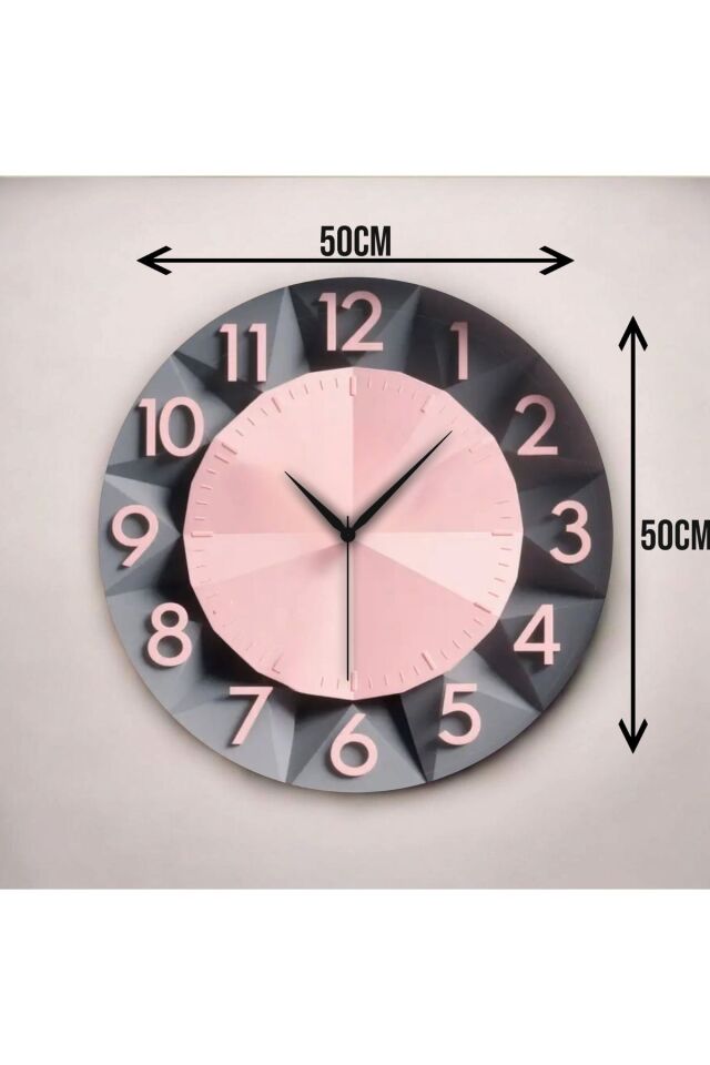 Siyah Pembe Renkli Baskı Kabartma Görünümlü Desenli Sayılı Hediyelik Ahşap Sessiz Duvar Saati 50cm