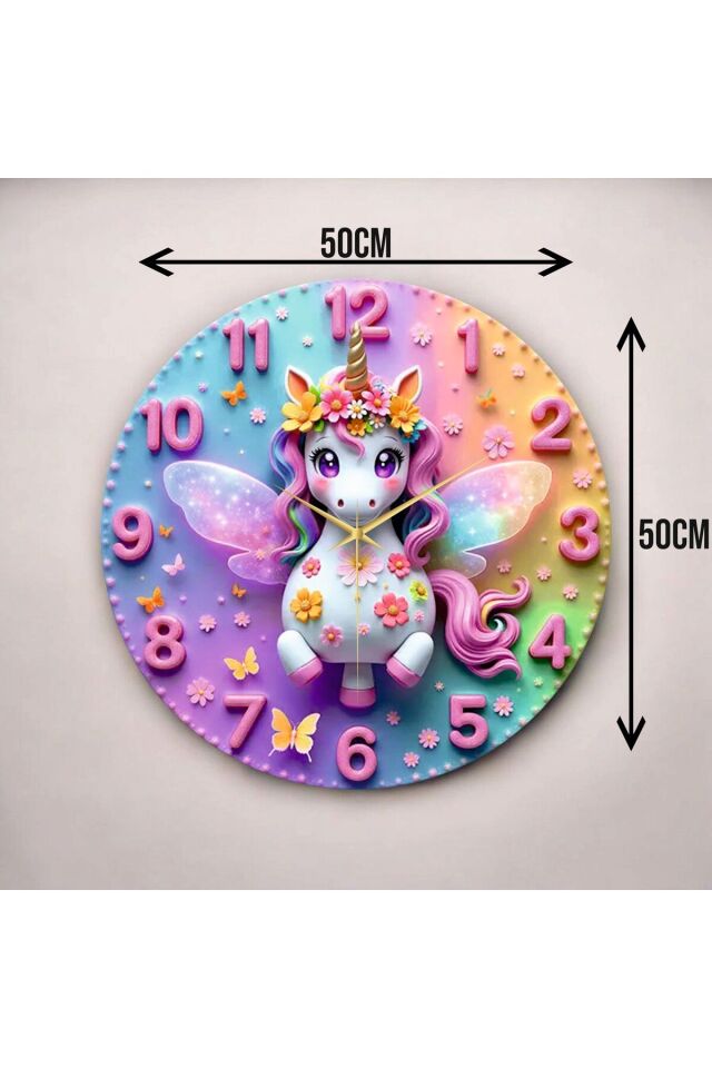 Minik Unicorn Renkli Baskı Tek Boynuzlu At Desenli Sayılı Hediyelik Ahşap Sessiz Duvar Saati 50cm