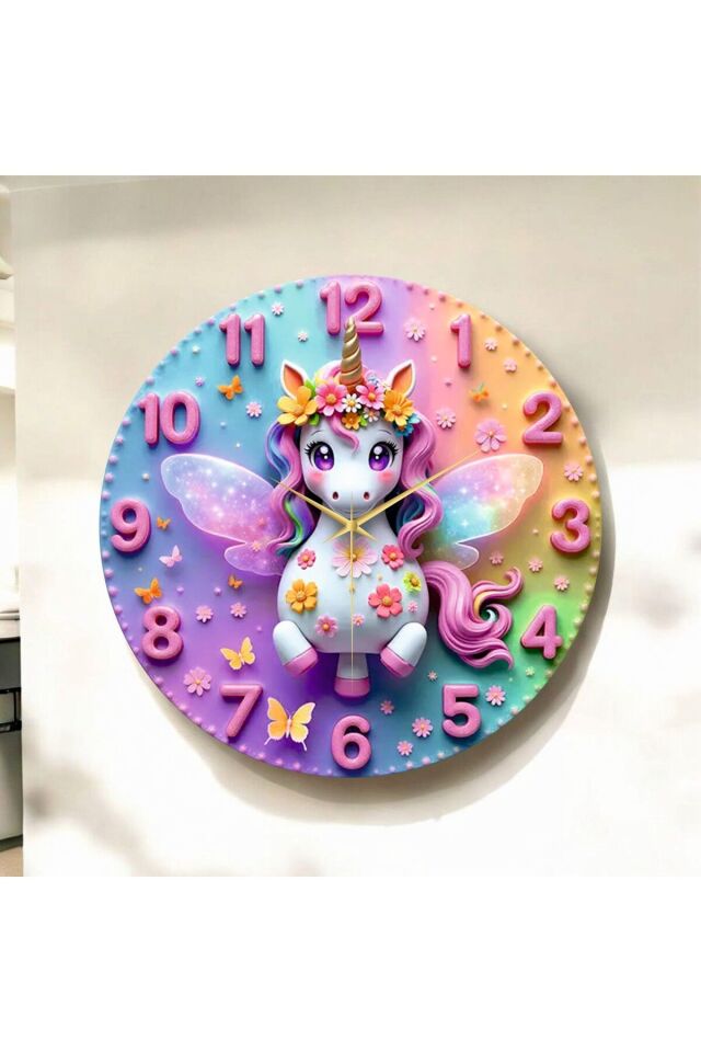 Minik Unicorn Renkli Baskı Tek Boynuzlu At Desenli Sayılı Hediyelik Ahşap Sessiz Duvar Saati 50cm
