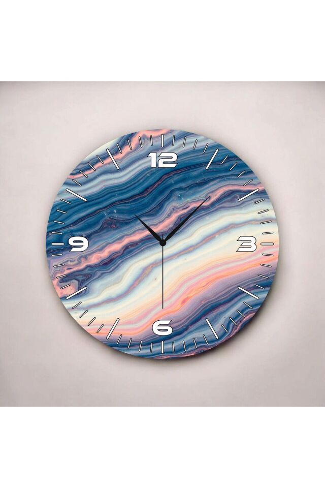 Modern Renkli Baskı Ebru Desenli Sayılı Hediyelik Ahşap Sessiz Duvar Saati 50cm