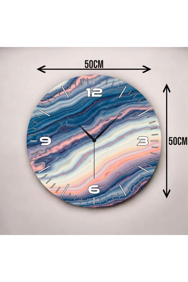 Modern Renkli Baskı Ebru Desenli Sayılı Hediyelik Ahşap Sessiz Duvar Saati 50cm