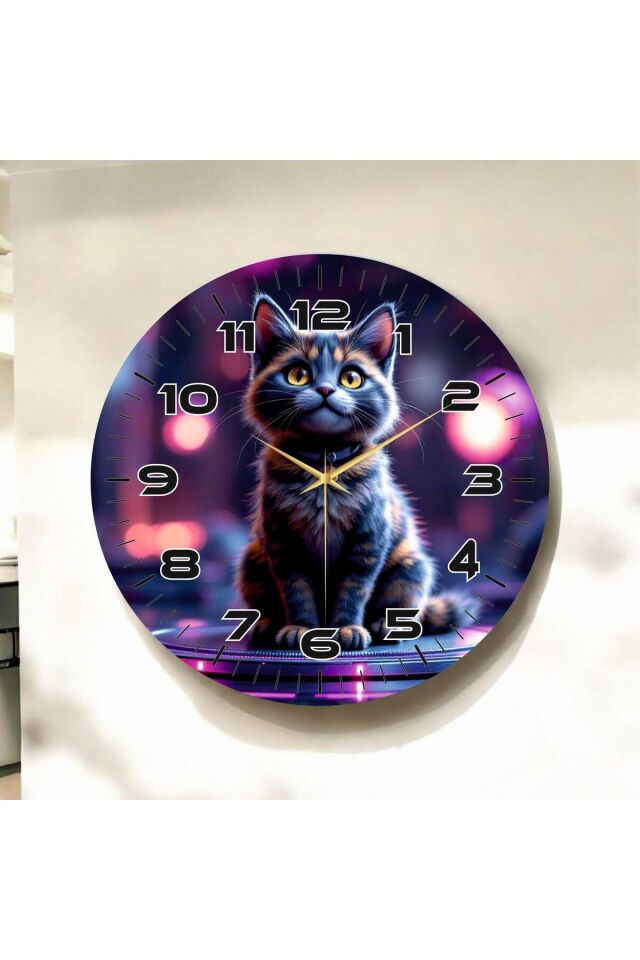 Koyu Renkli Baskı Kedi Desenli Sayılı Hediyelik Ahşap Sessiz Duvar Saati 50cm
