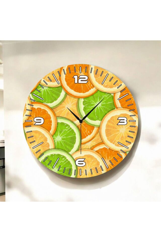 Meyve Temalı Renkli Baskı Portakal Desenli Sayılı Hediyelik Ahşap Sessiz Duvar Saati 50cm