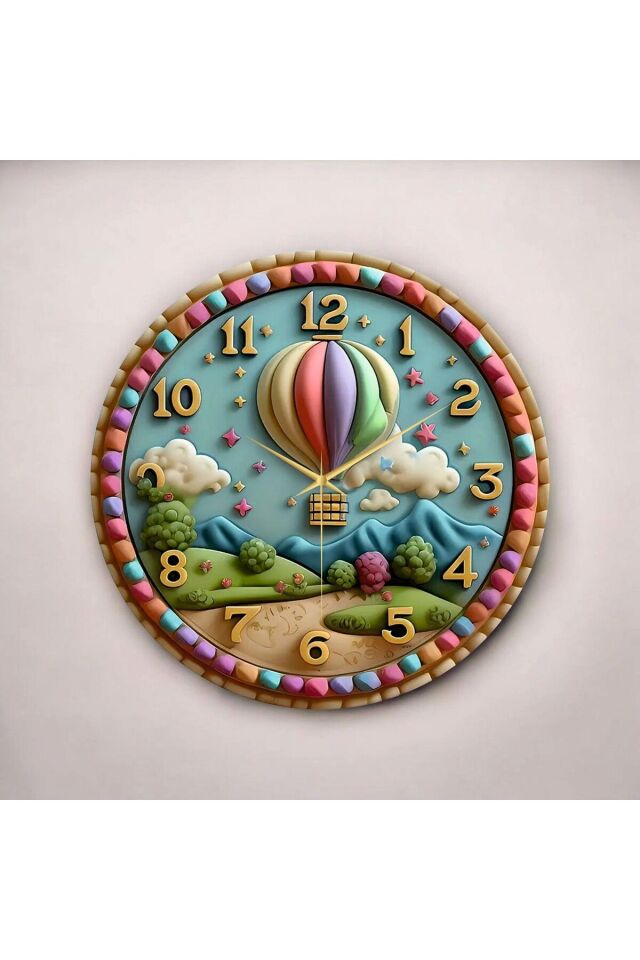 Uçan Balon Tasarımlı Renkli Baskı Desenli Sayılı Hediyelik Ahşap Sessiz Duvar Saati 50cm