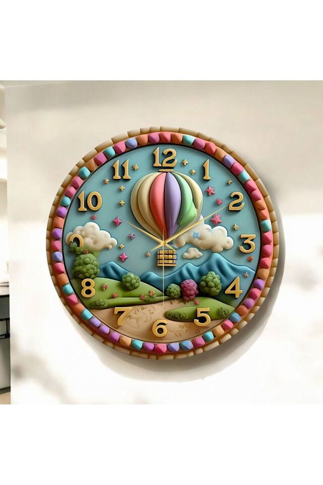 Uçan Balon Tasarımlı Renkli Baskı Desenli Sayılı Hediyelik Ahşap Sessiz Duvar Saati 50cm