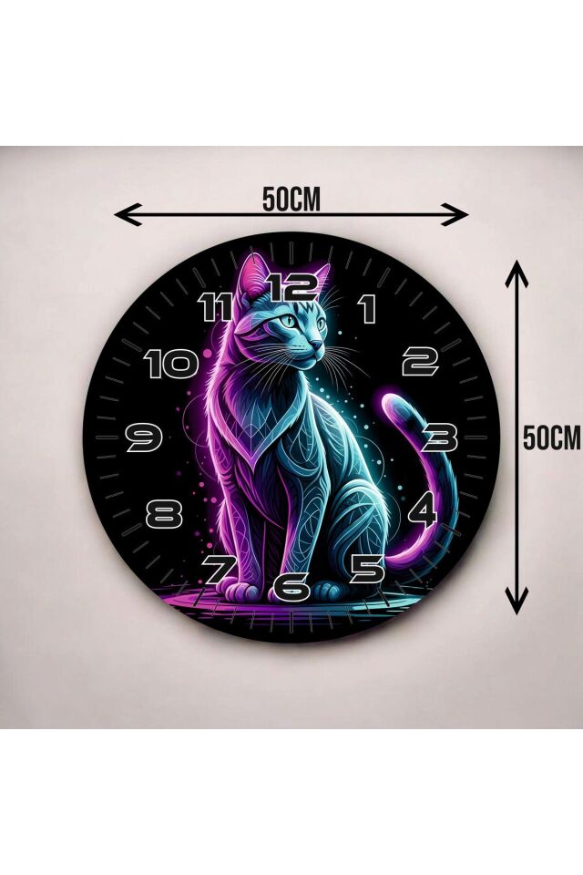 Mavi Mor Kedi Renkli Baskı Hayvan Desenli Sayılı Hediyelik Ahşap Sessiz Duvar Saati 50cm