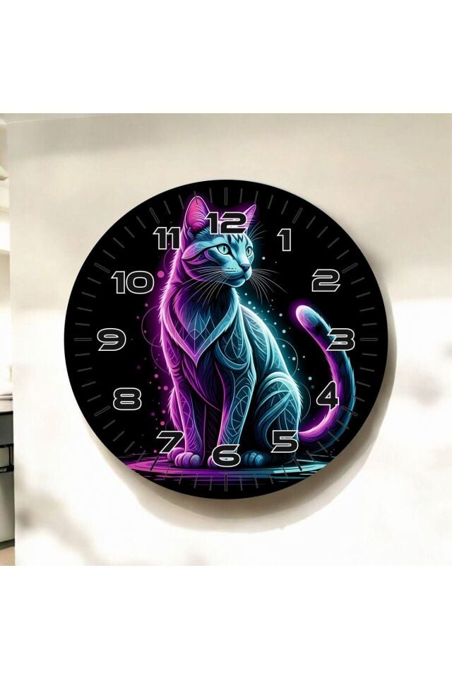 Mavi Mor Kedi Renkli Baskı Hayvan Desenli Sayılı Hediyelik Ahşap Sessiz Duvar Saati 50cm