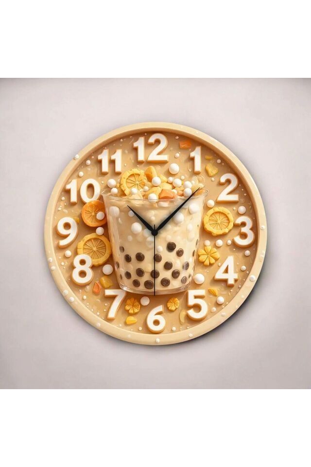 Bubble Tea Kabartma Görünümlü Renkli Baskı Desenli Sayılı Hediyelik Ahşap Sessiz Duvar Saati 50cm