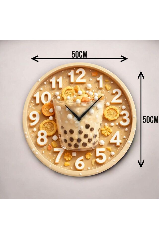 Bubble Tea Kabartma Görünümlü Renkli Baskı Desenli Sayılı Hediyelik Ahşap Sessiz Duvar Saati 50cm