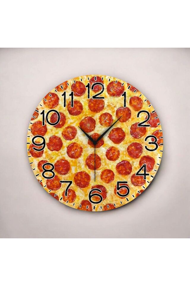 Pizza Görünümlü Renkli Baskı Desenli Sayılı Hediyelik Ahşap Sessiz Duvar Saati 50cm