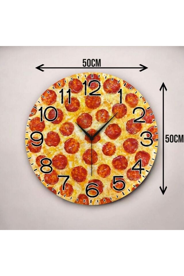 Pizza Görünümlü Renkli Baskı Desenli Sayılı Hediyelik Ahşap Sessiz Duvar Saati 50cm