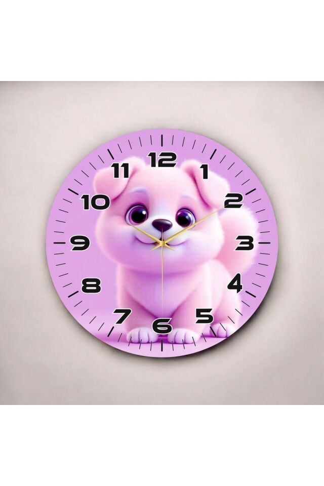 Yavru Köpek Pembe Renkli Baskı Hayvan Desenli Sayılı Hediyelik Ahşap Sessiz Duvar Saati 50cm