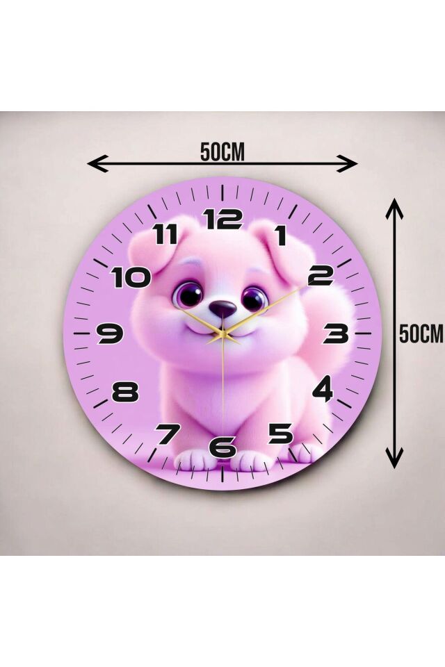 Yavru Köpek Pembe Renkli Baskı Hayvan Desenli Sayılı Hediyelik Ahşap Sessiz Duvar Saati 50cm