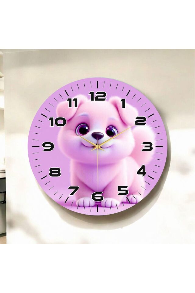 Yavru Köpek Pembe Renkli Baskı Hayvan Desenli Sayılı Hediyelik Ahşap Sessiz Duvar Saati 50cm
