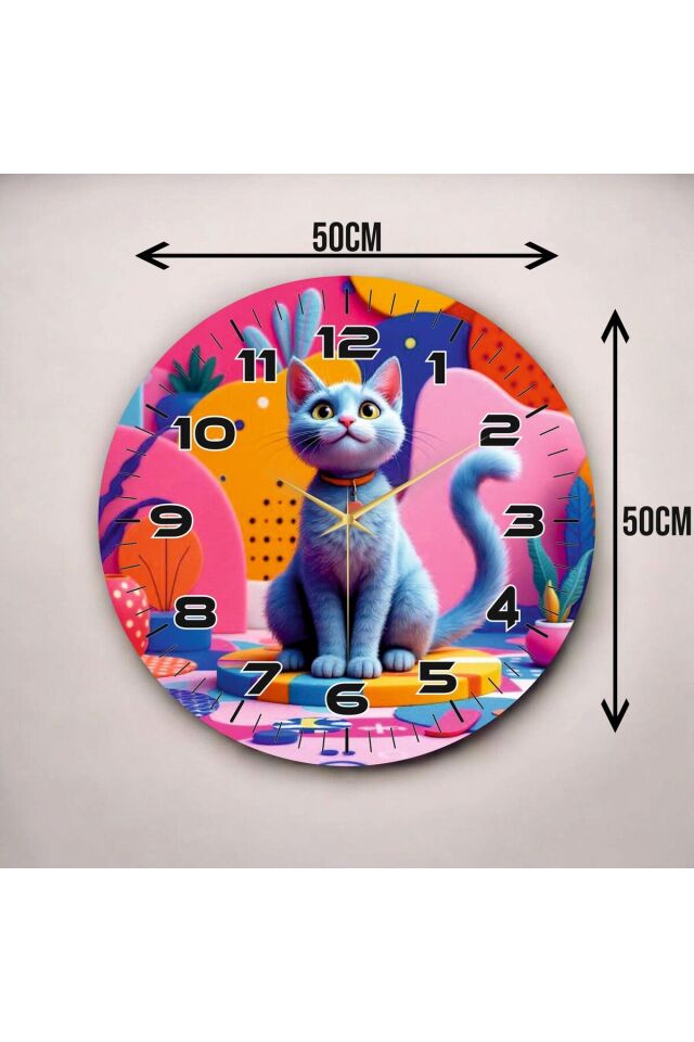 Çizgi Kedi Tasarımlı Renkli Baskı Desenli Sayılı Hediyelik Ahşap Sessiz Duvar Saati 50cm