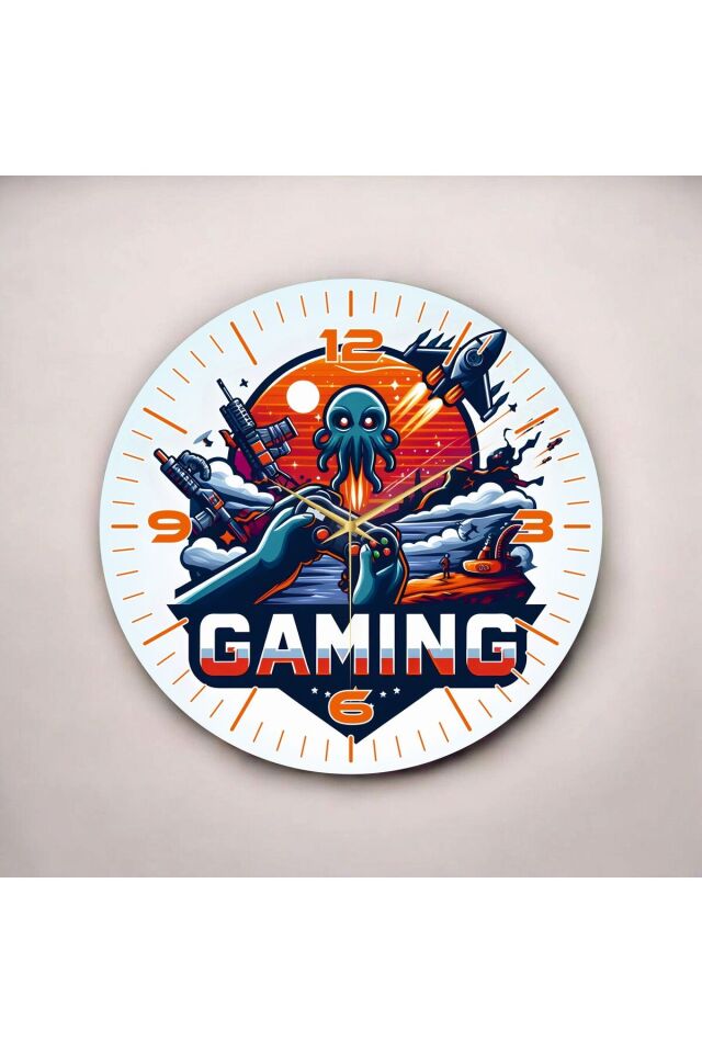 Gaming Yazılı Oyun Temalı Renkli Baskı Desenli Sayılı Hediyelik Ahşap Sessiz Duvar Saati 50cm