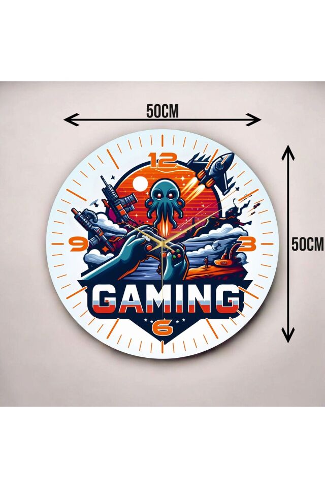 Gaming Yazılı Oyun Temalı Renkli Baskı Desenli Sayılı Hediyelik Ahşap Sessiz Duvar Saati 50cm