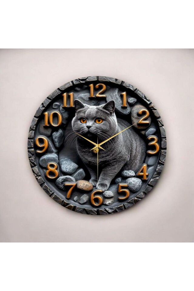 Scottish Kedi Kabartma Görünümlü Renkli Baskı Desenli Sayılı Hediyelik Ahşap Sessiz Duvar Saati 50cm