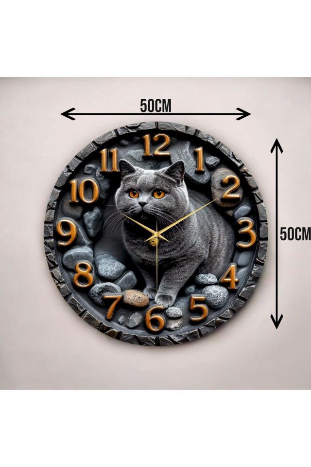 Scottish Kedi Kabartma Görünümlü Renkli Baskı Desenli Sayılı Hediyelik Ahşap Sessiz Duvar Saati 50cm