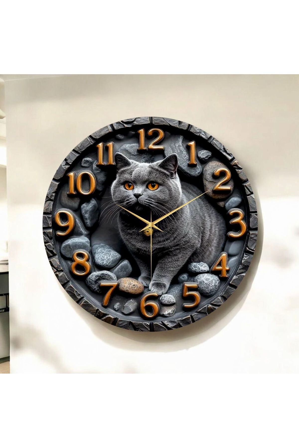 Scottish Kedi Kabartma Görünümlü Renkli Baskı Desenli Sayılı Hediyelik Ahşap Sessiz Duvar Saati 50cm