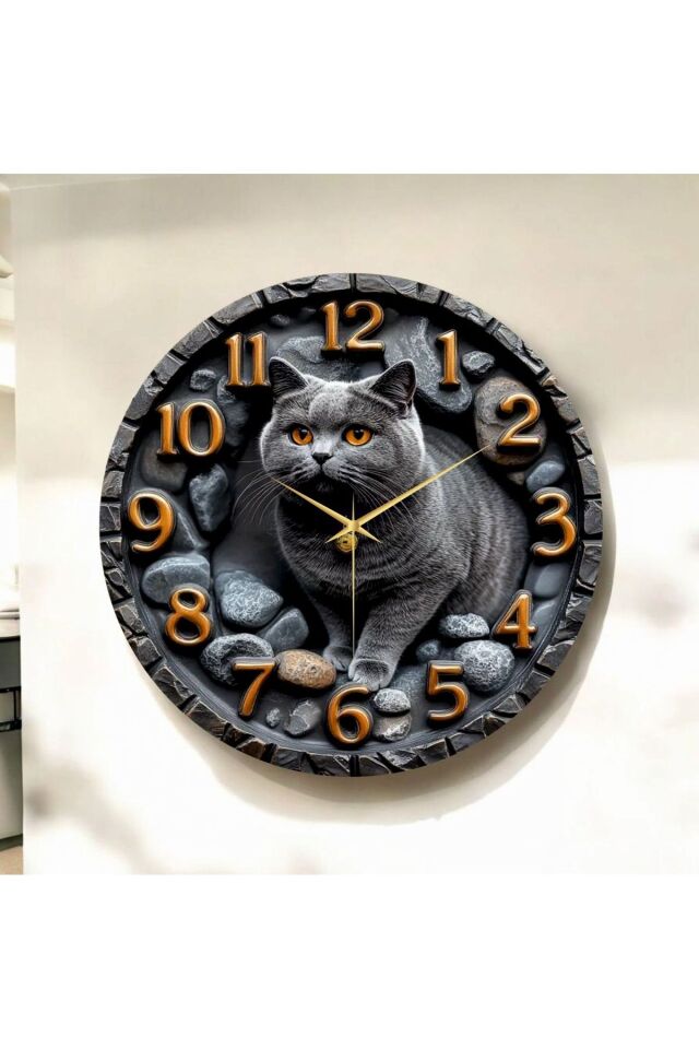 Scottish Kedi Kabartma Görünümlü Renkli Baskı Desenli Sayılı Hediyelik Ahşap Sessiz Duvar Saati 50cm