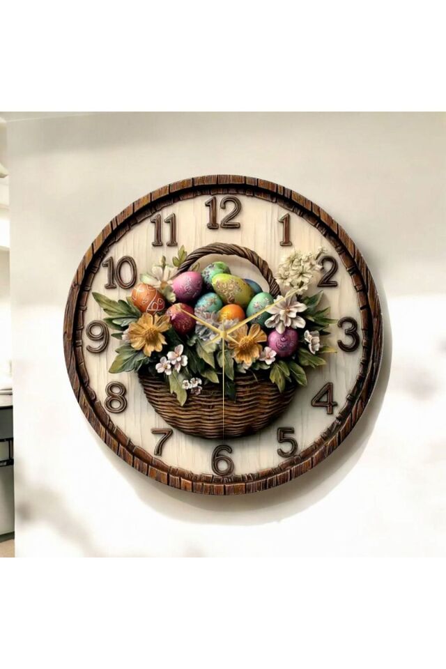 Çiçek Sepeti Kabartma Görünümlü Renkli Baskı Desenli Sayılı Hediyelik Ahşap Sessiz Duvar Saati 50cm
