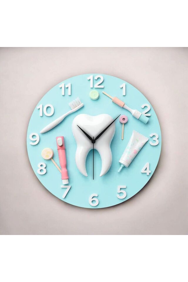 Diş Tasarımlı Kabartma Görünümlü Renkli Baskı Desenli Sayılı Hediyelik Ahşap Sessiz Duvar Saati 50cm