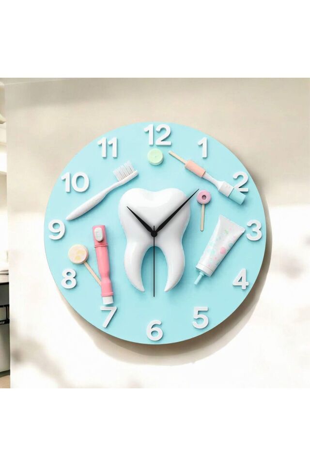 Diş Tasarımlı Kabartma Görünümlü Renkli Baskı Desenli Sayılı Hediyelik Ahşap Sessiz Duvar Saati 50cm