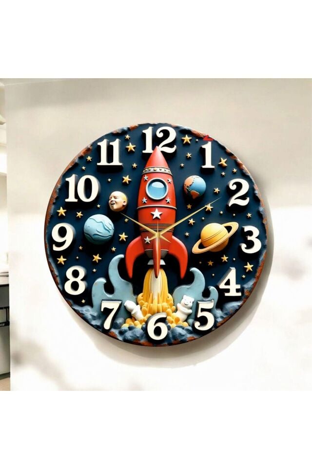 Uzay Roketi Kabartma Görünümlü Renkli Baskı Desenli Sayılı Hediyelik Ahşap Sessiz Duvar Saati 50cm