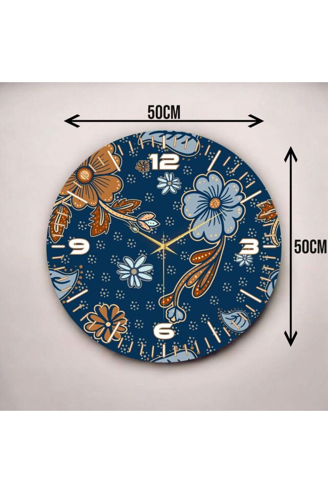 Papatyalı Lacivert Renkli Baskı Çiçek Desenli Sayılı Hediyelik Ahşap Sessiz Duvar Saati 50cm