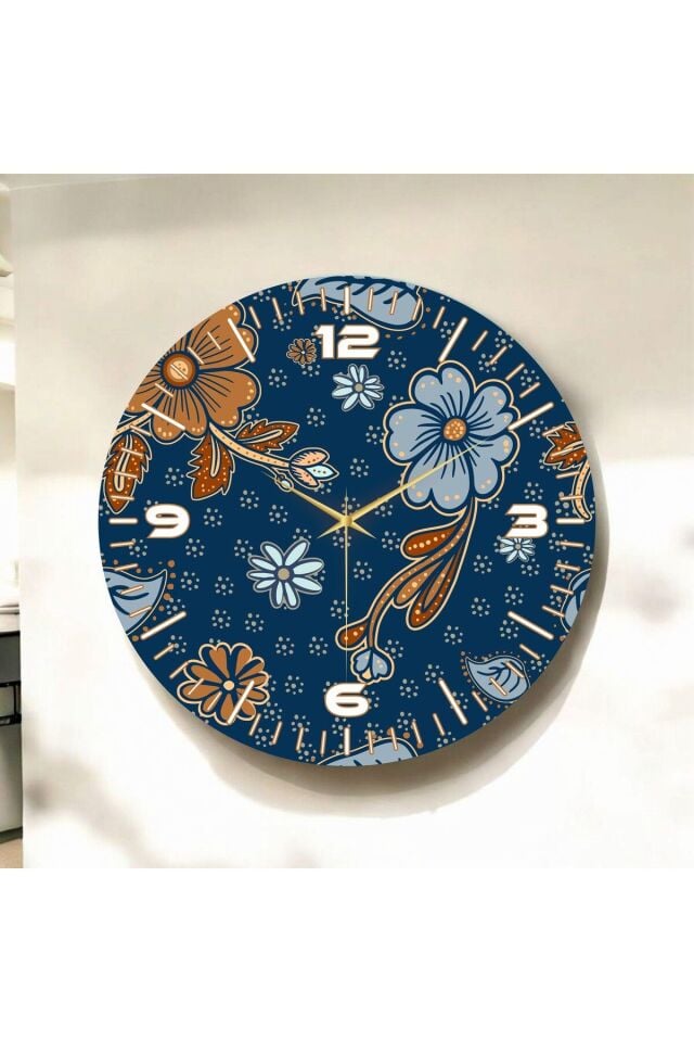 Papatyalı Lacivert Renkli Baskı Çiçek Desenli Sayılı Hediyelik Ahşap Sessiz Duvar Saati 50cm