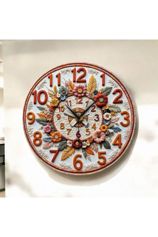 Çiçek Kabartma Görünümlü Renkli Baskı Desenli Sayılı Hediyelik Ahşap Sessiz Duvar Saati 50cm