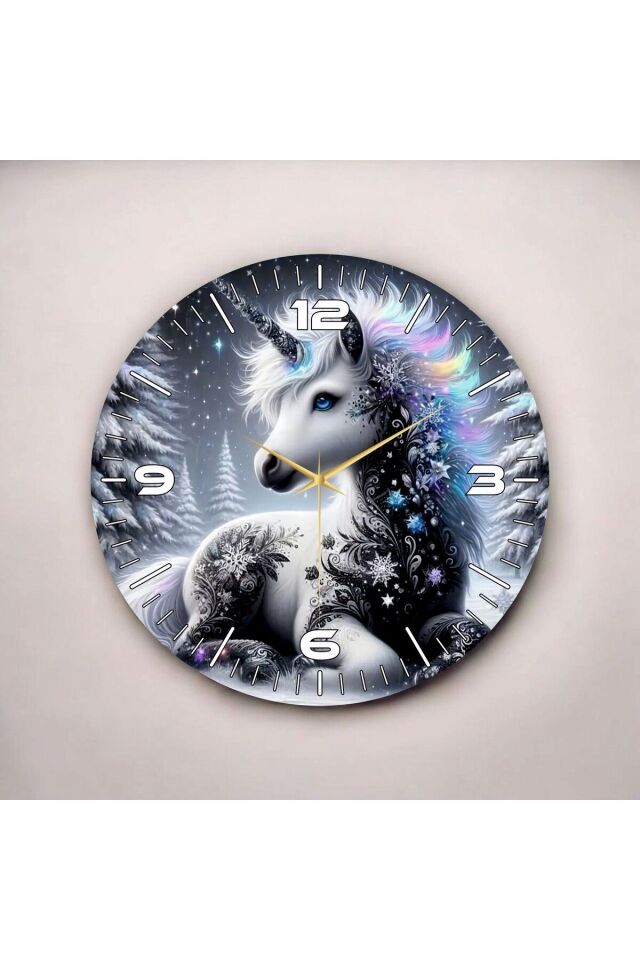 Unicorn Tek Boynuzlu At Renkli Baskı Desenli Sayılı Hediyelik Ahşap Sessiz Duvar Saati 50cm