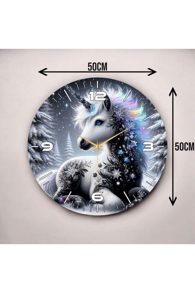 Unicorn Tek Boynuzlu At Renkli Baskı Desenli Sayılı Hediyelik Ahşap Sessiz Duvar Saati 50cm